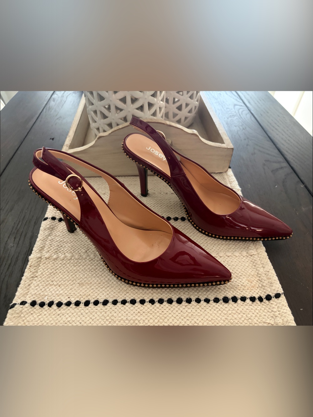 Joseph Burgundy Patent Slingback Heels with Studded Trim